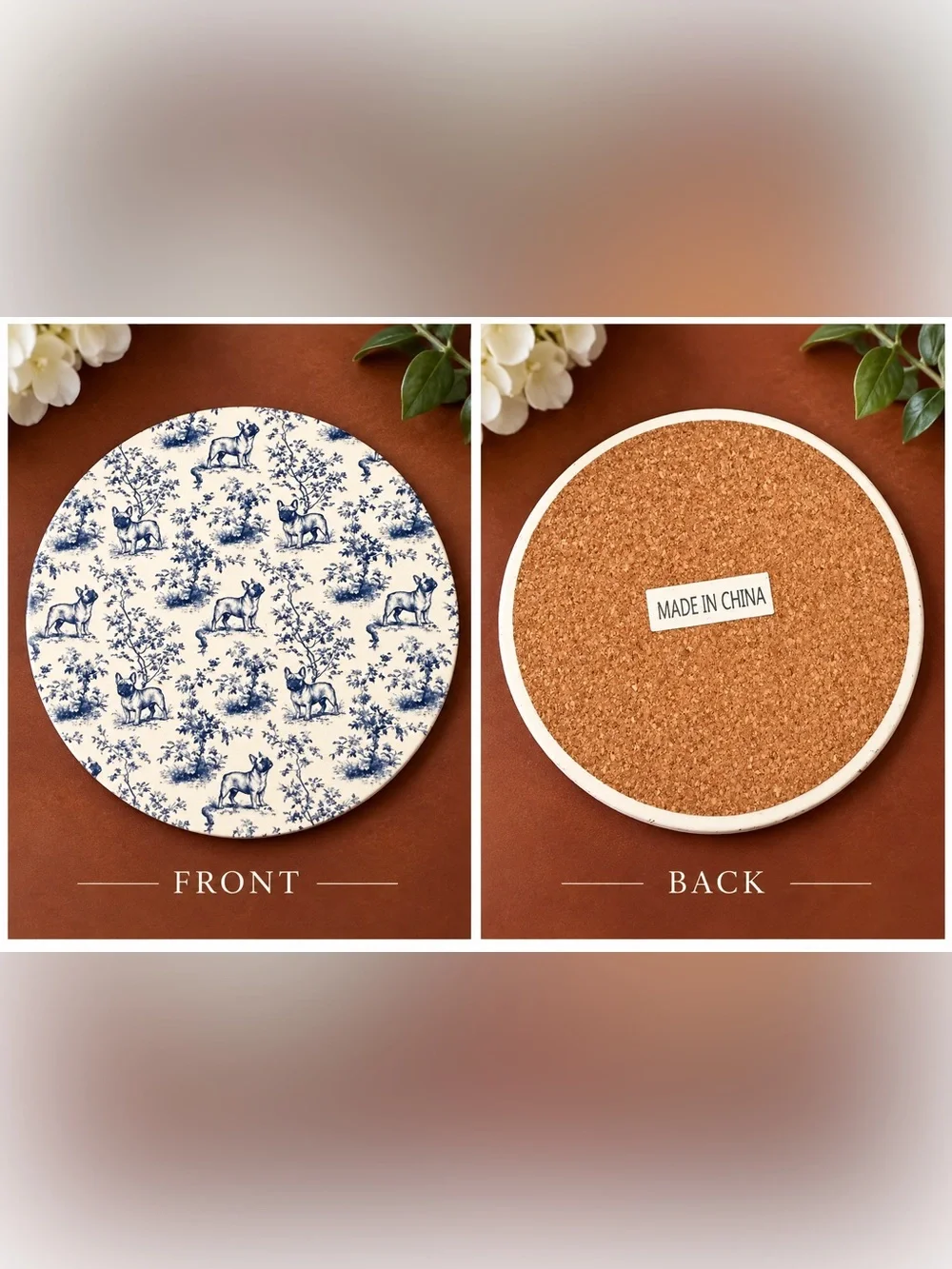 Blue and White French Bulldog Pattern Ceramic Coaster